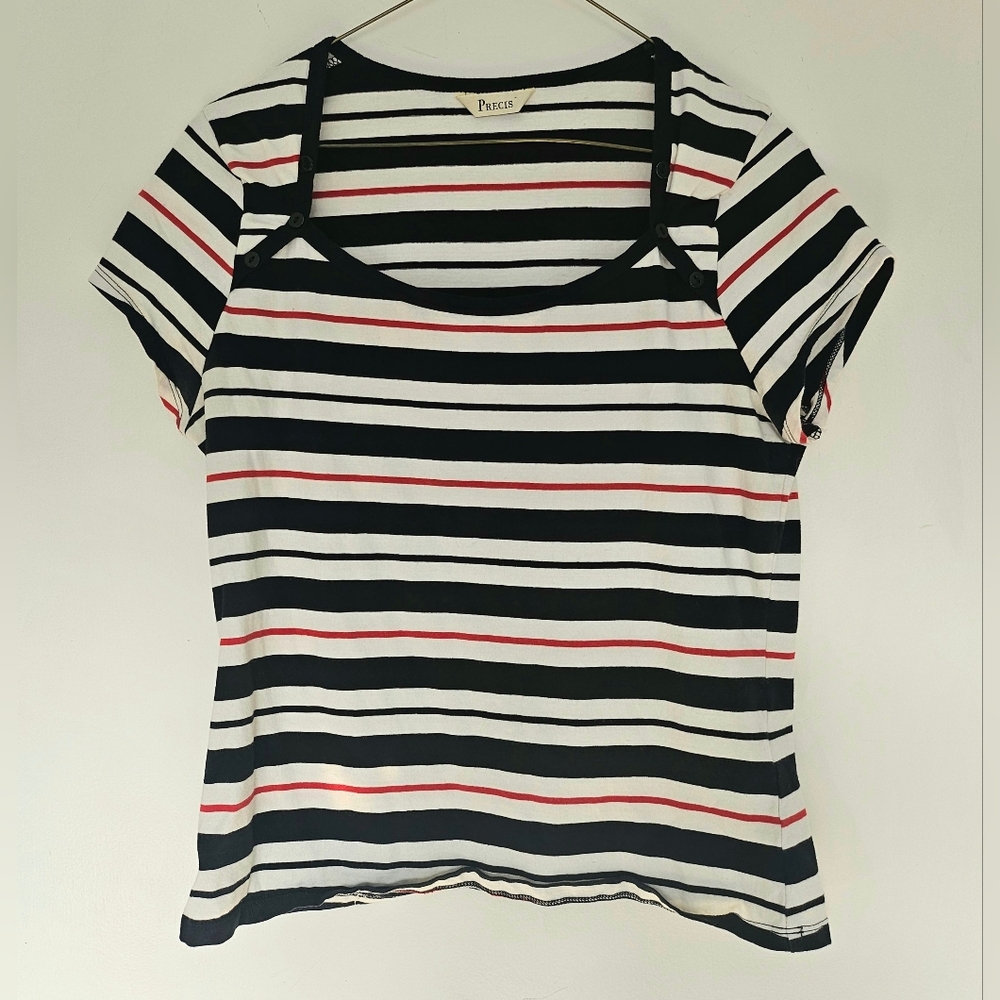 White Black and Red Striped Precis Button Detail Top